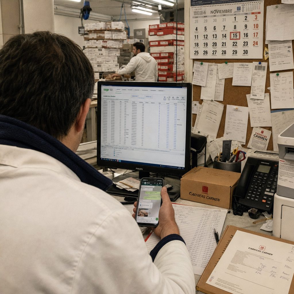 Distribuidor cárnico familiar en su oficina, con el móvil en la mano