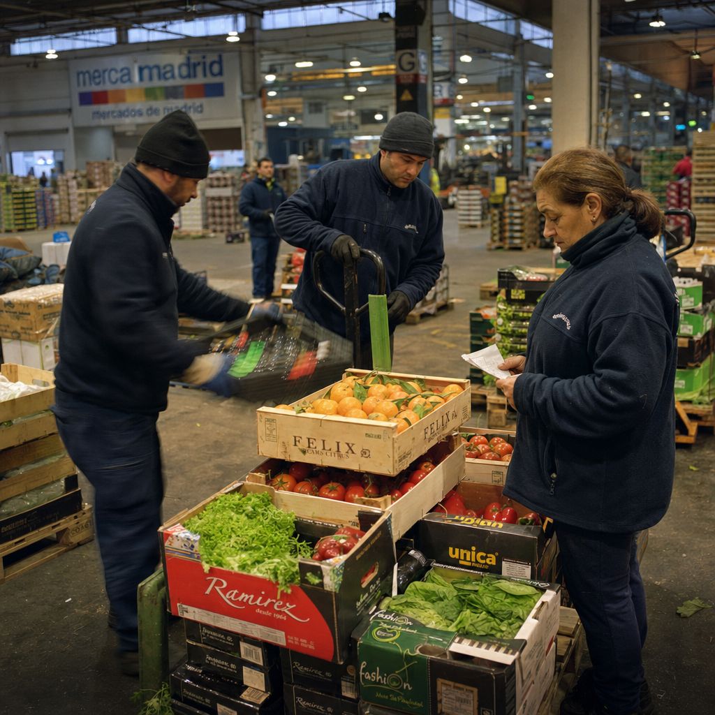 Equipo de un distribuidor familiar cargando palés de fruta y verdura de madrugada en Mercamadrid